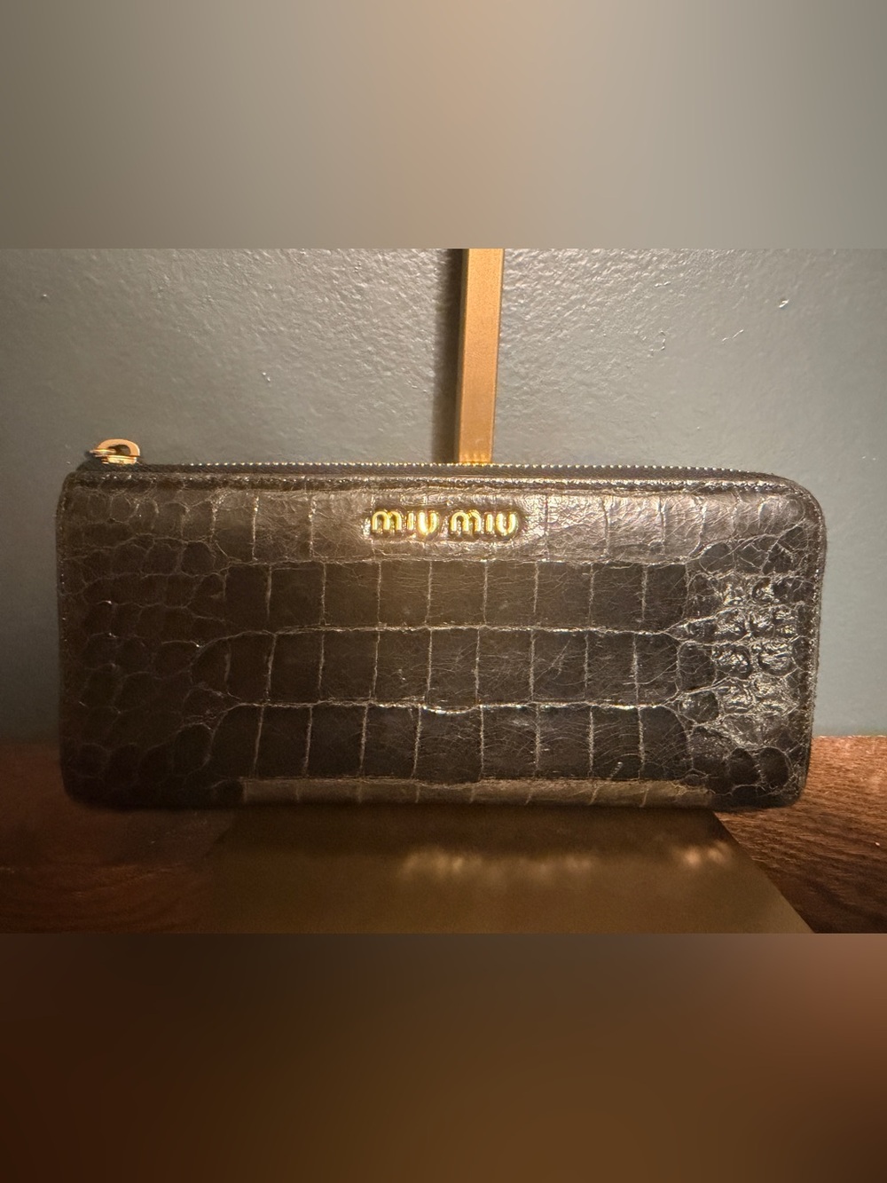 Miu Miu Croc-Embossed Leather Tote in Black with Gold Hardware